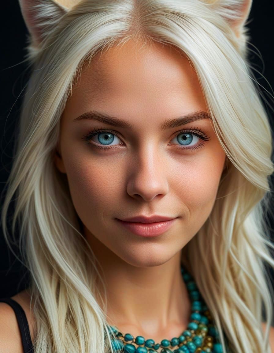 Human-Cat Hybrid Being Smiles in Close-Up Portrait