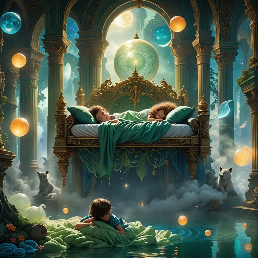 Child's Dream: Surreal Floating Bed in Ethereal Mist