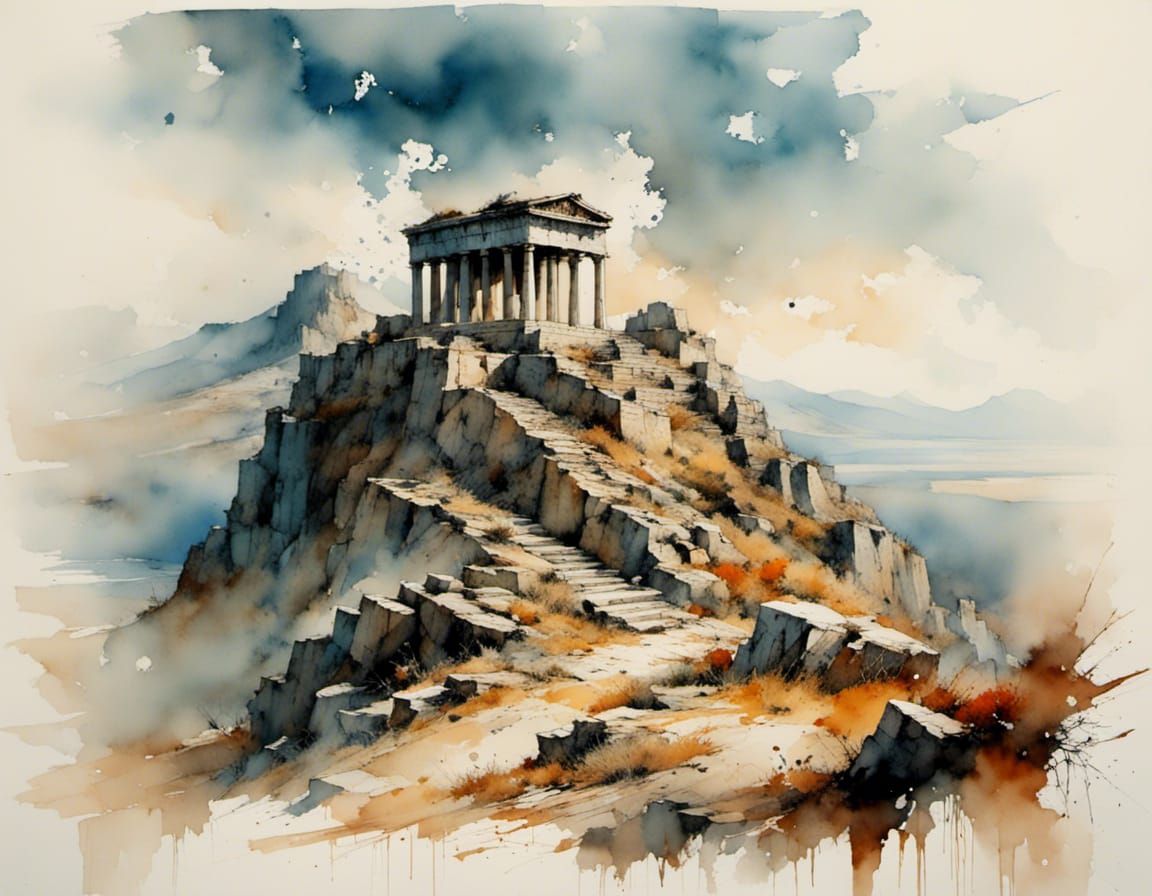 Mountaintop Ruins: Ancient Greece in Elven Ink Style