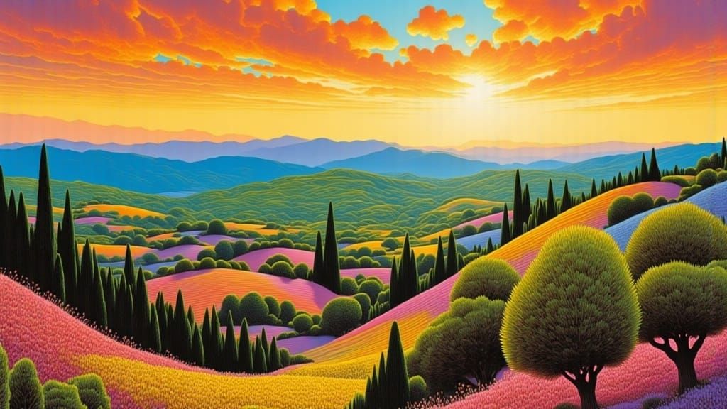 Italian Countryside Sunset Vista in Oil Painting Style