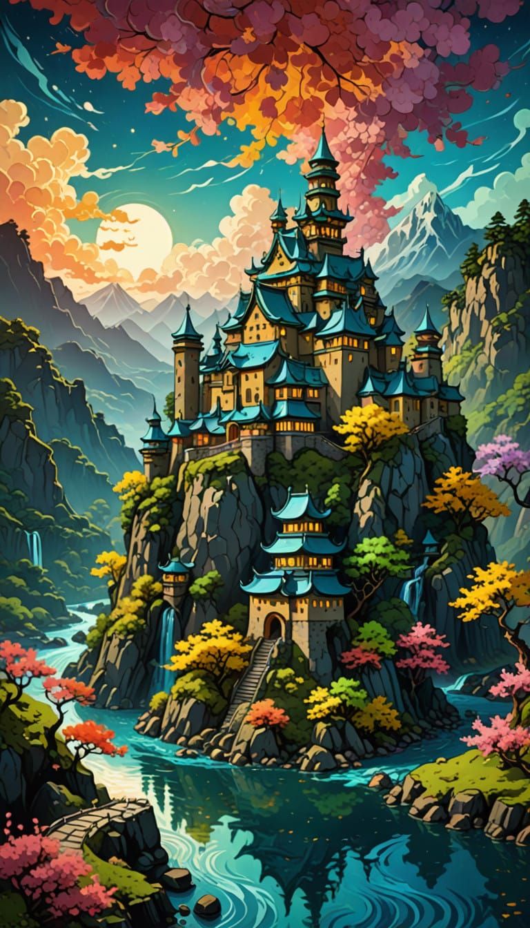 Whimsical Fantasy Castle Amidst Vibrant Japanese Landscape