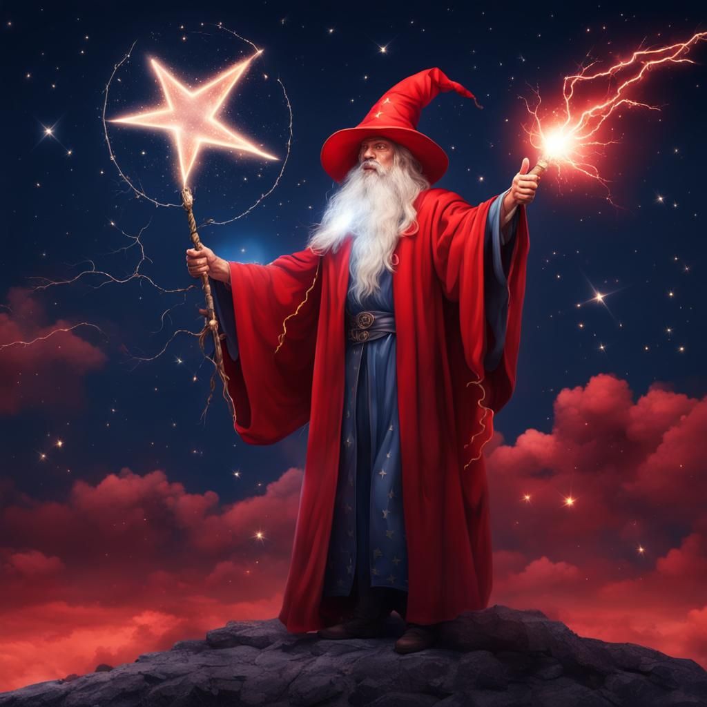 Wizard Generates Thunder Under Red Starry Sky
