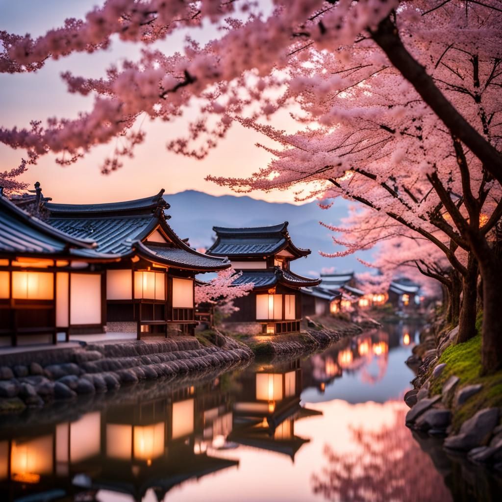 Japanese Village in Full Sakura Bloom: Dawn Photography