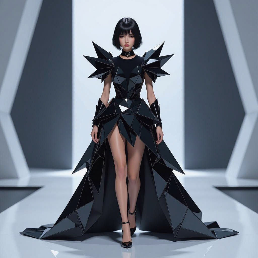 Futuristic Model in Geometric Obsidian Glass Dress