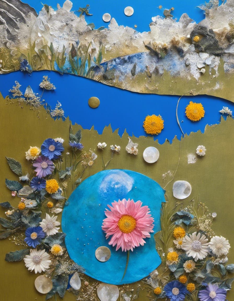 Detailed Mixed Media Collage of Moon Phases and Treasure