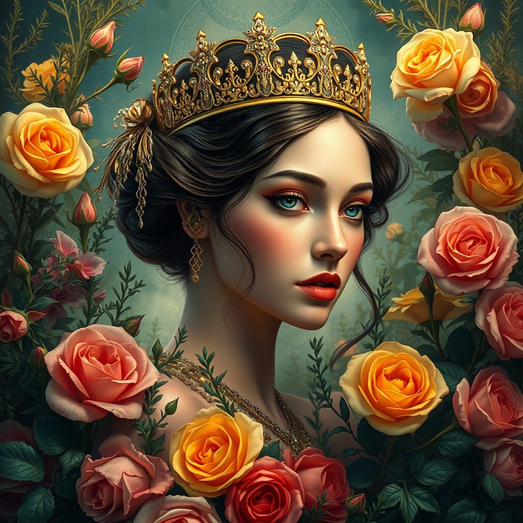 Regal Art Nouveau Woman Amidst Roses and Rosemary