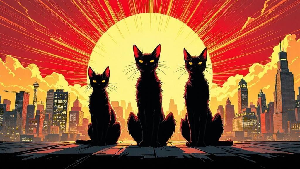 Cats Over Cityscape in Comic Book Style
