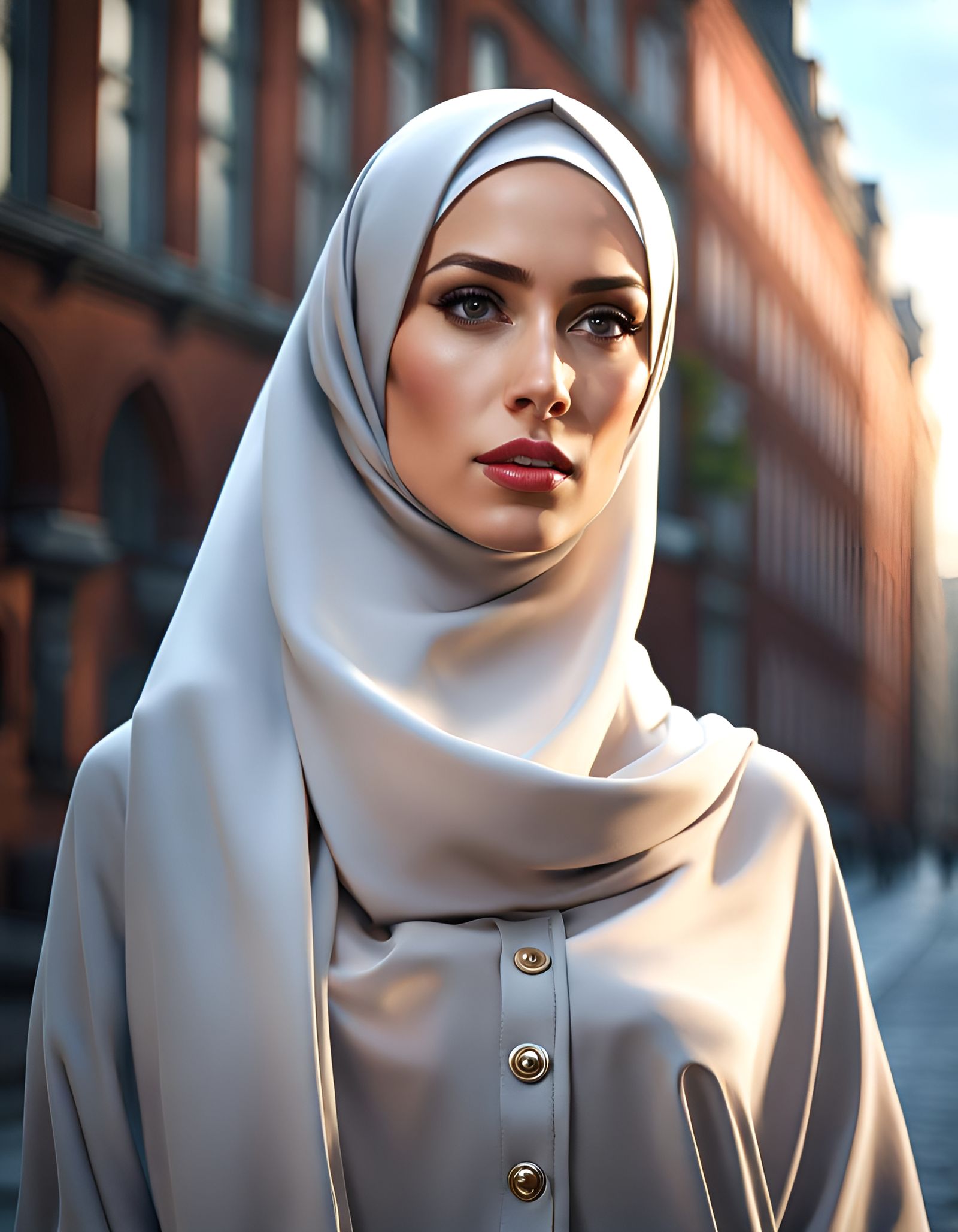 Pale Woman in Hijab with New York City Background