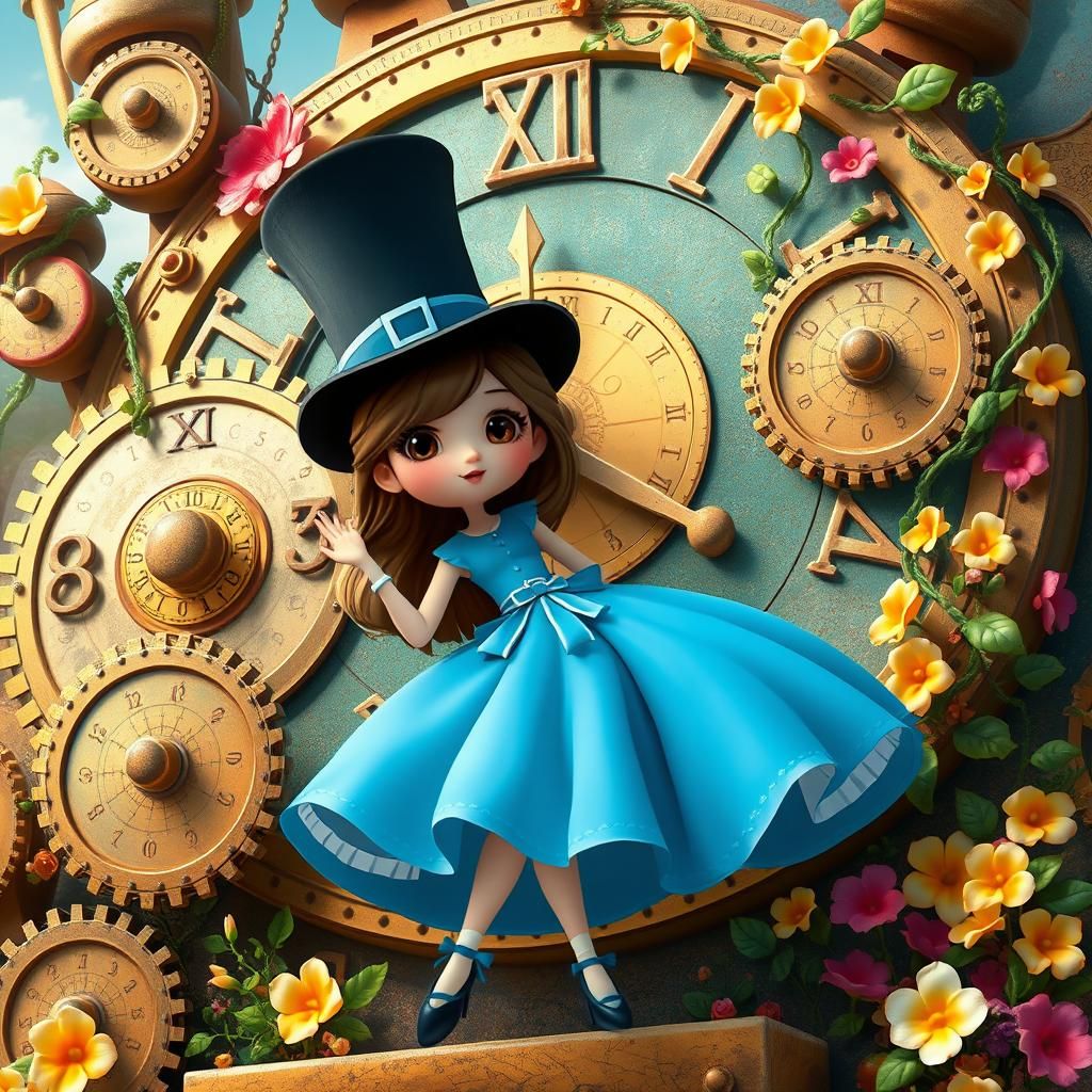 Whimsical Girl in Clockwork Dreamscape, Cartoon Style