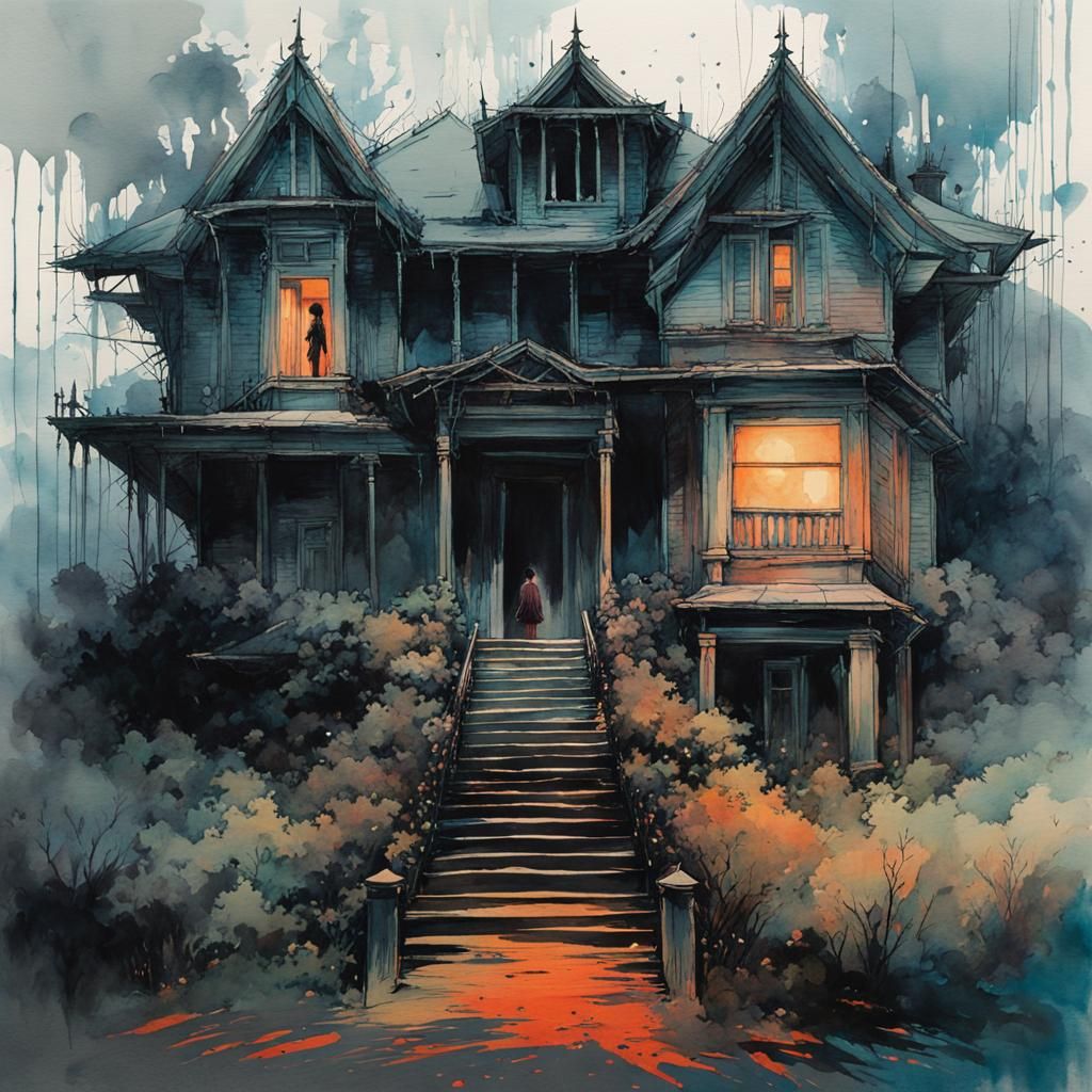 Ominous Haunted House in Anime Watercolor Style
