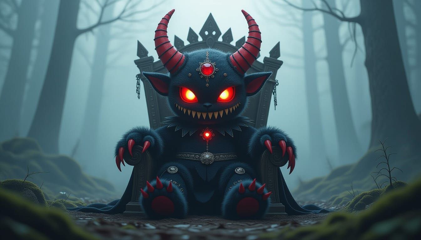 Sinister Plush Creature with Ruby Eyes on Doll Throne