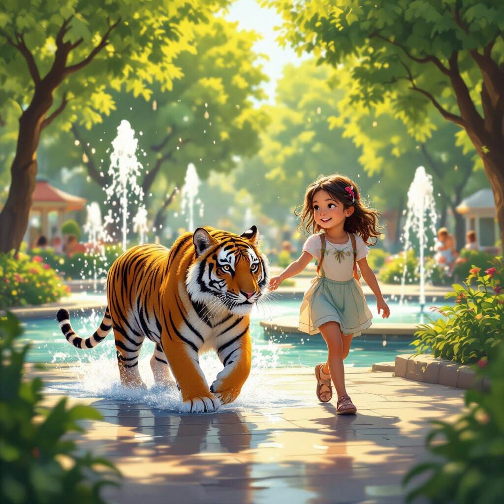 Girl and Tiger Explore Summer Park Fountains in Digital Art ...