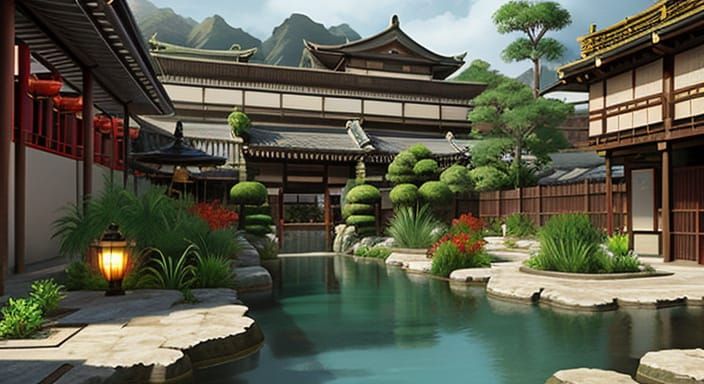 Steampunk Geisha in a Futuristic Oasis Garden