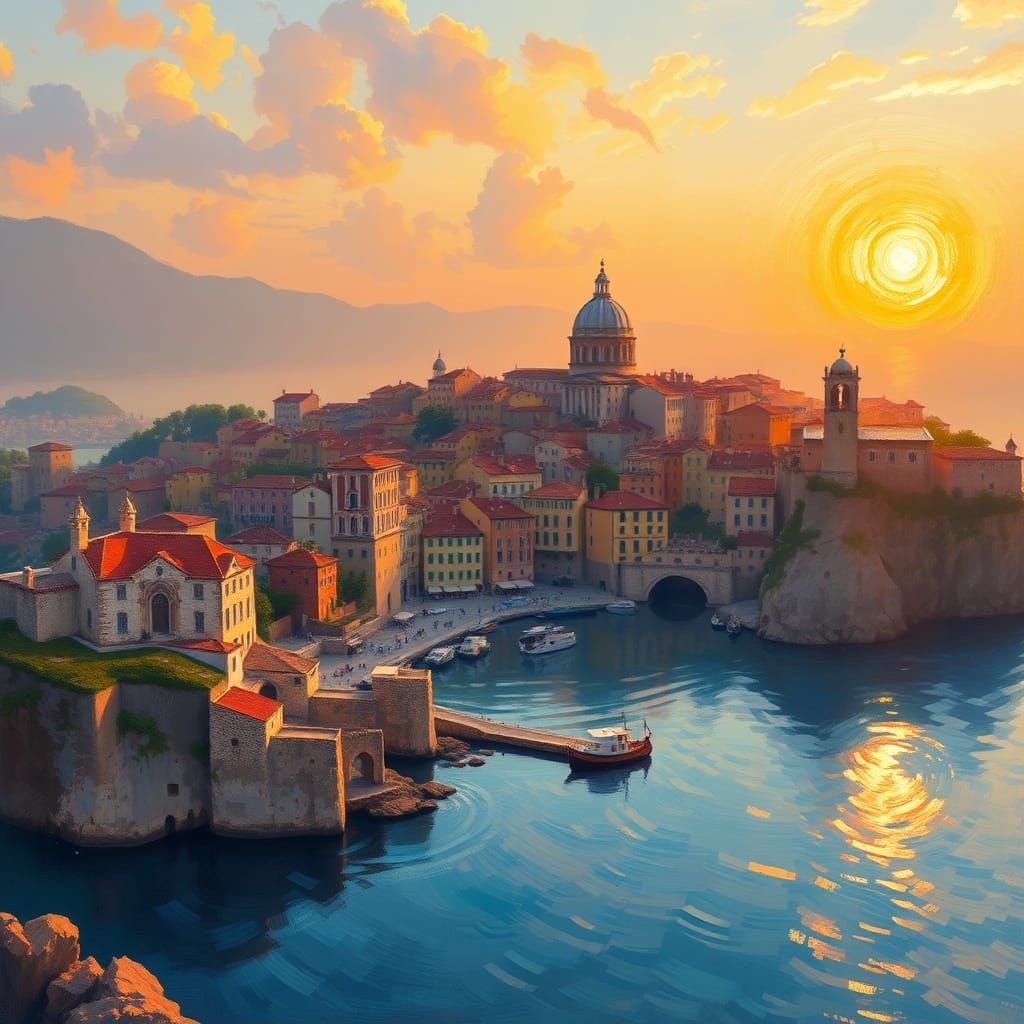 Coastal City in Impressionist Style at Golden Hour
