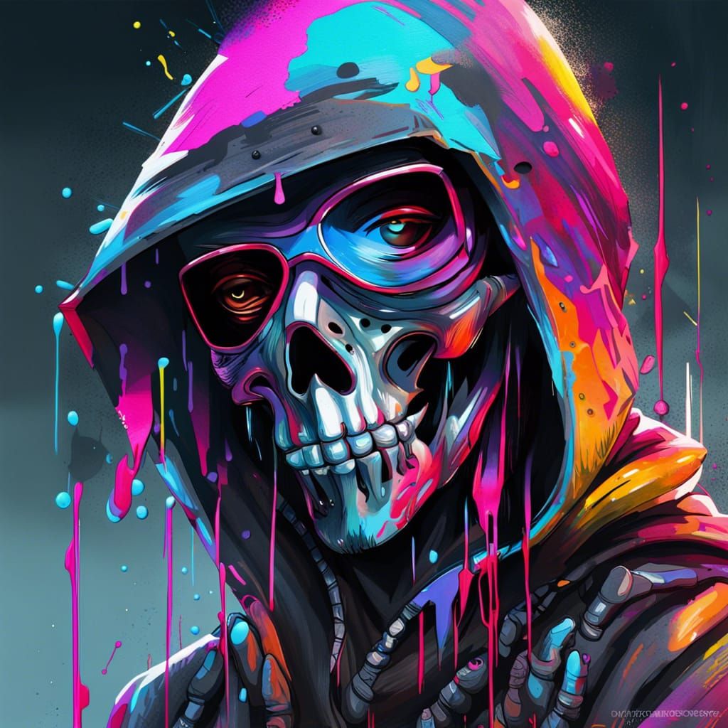 Cyborg Reaper Portrait in Futuristic Graffiti Art