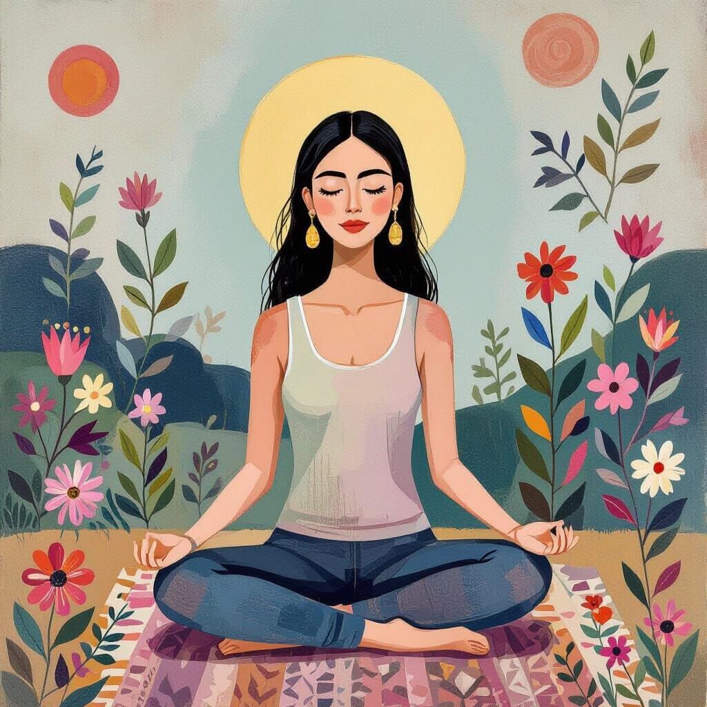 Serene Woman Meditating in Nature, Pastel Tones