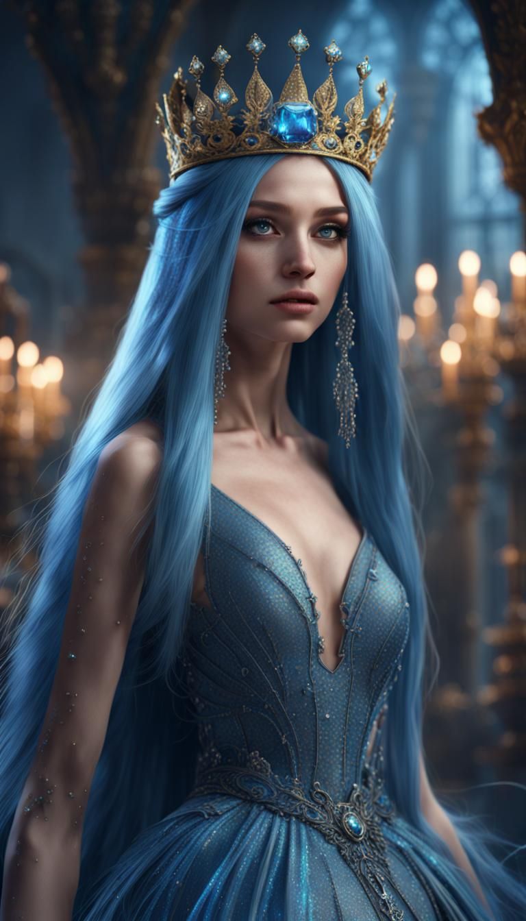 Girl with Blue Hair in Sparkly Ballgown