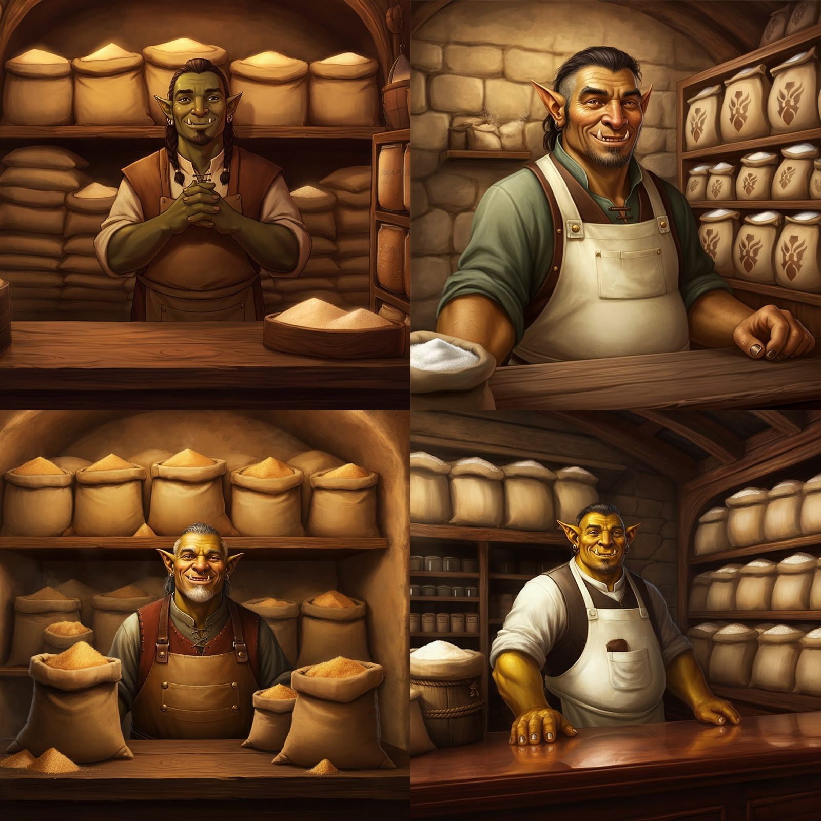 Half Orc Merchant Smiles Behind Counter of Sugar Bags