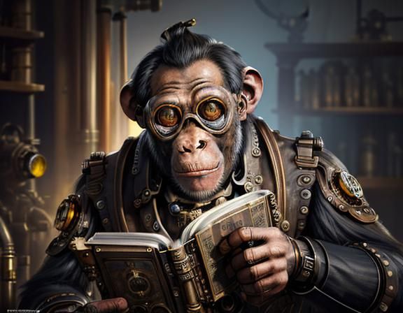 Steampunk Chimpanzee Reads Science Manual