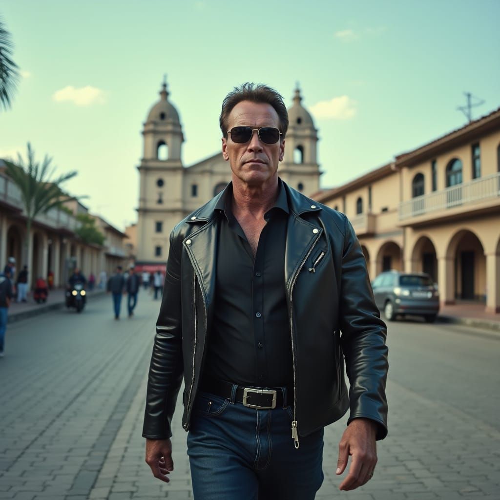 T-800 in Apocalyptic Plaza de Bolivar, Hyperrealistic Style