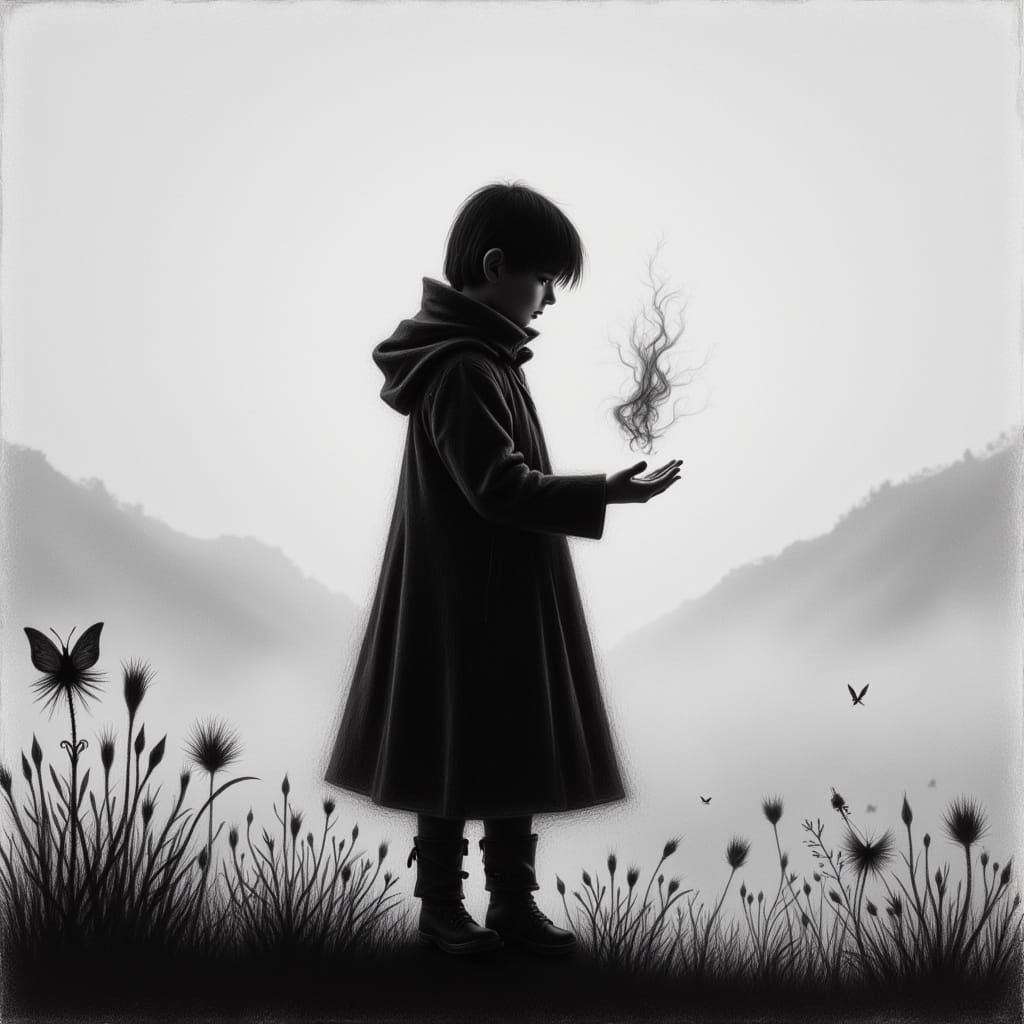Resilient Figure in Foggy Landscape, in Black and White Phot...