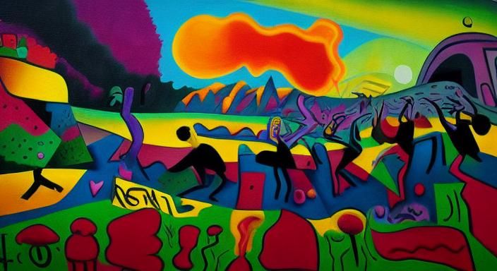 Surreal Meadow: Dancers in a Dreamlike Landscape