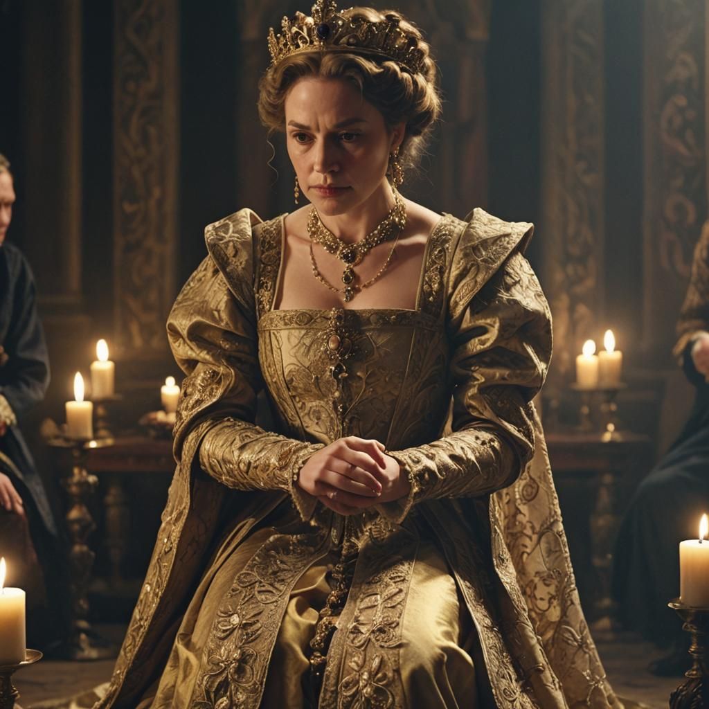 Queen Kneeling in Ornate Elizabethan Attire