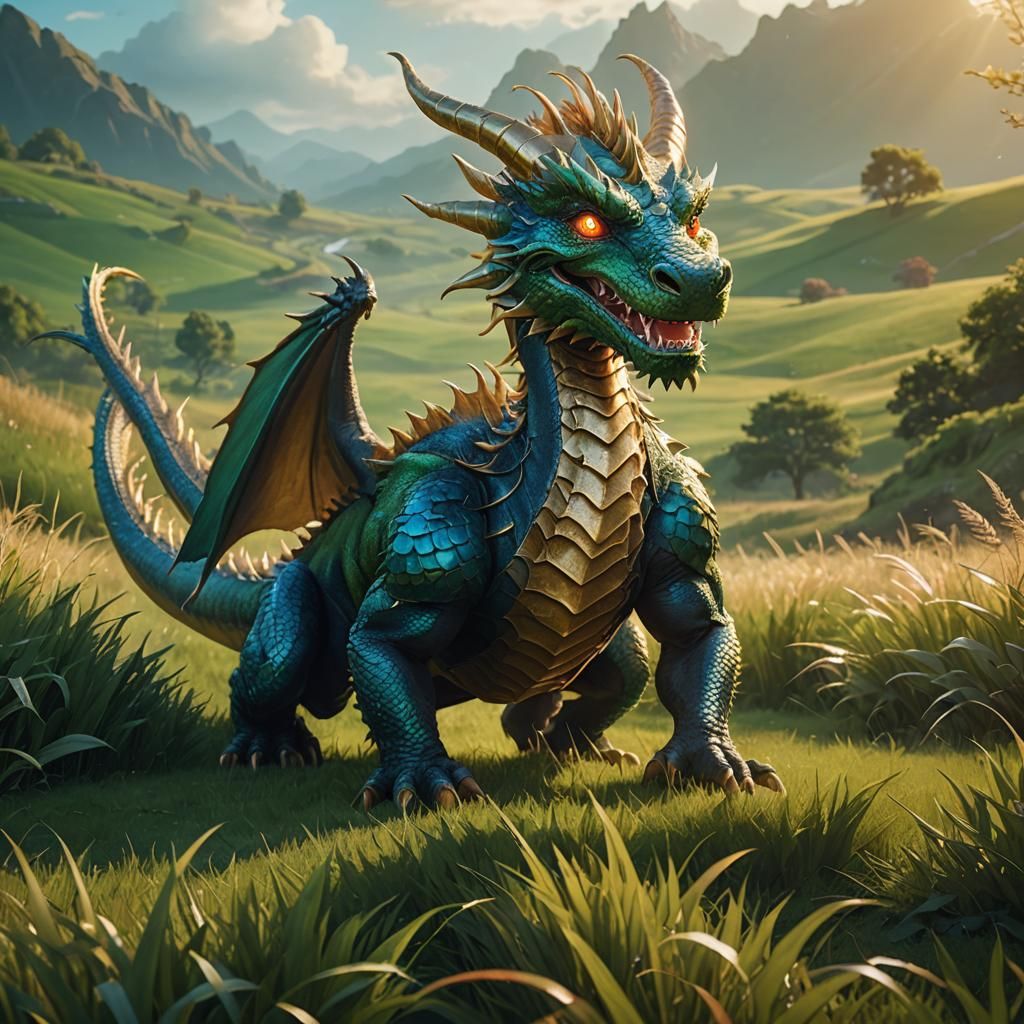 Smiling Dragon in Sunlit Field, Fantasy Art