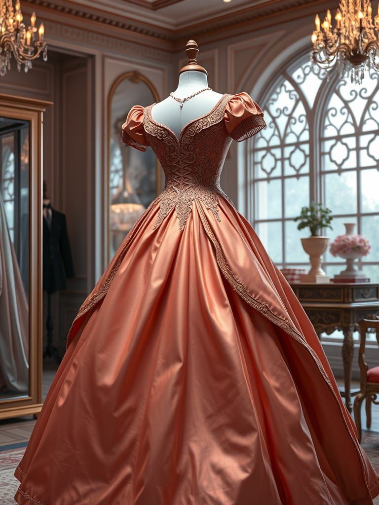 Rose Gold 1812 Era Ball Gown on Manikin in Gown Shop
