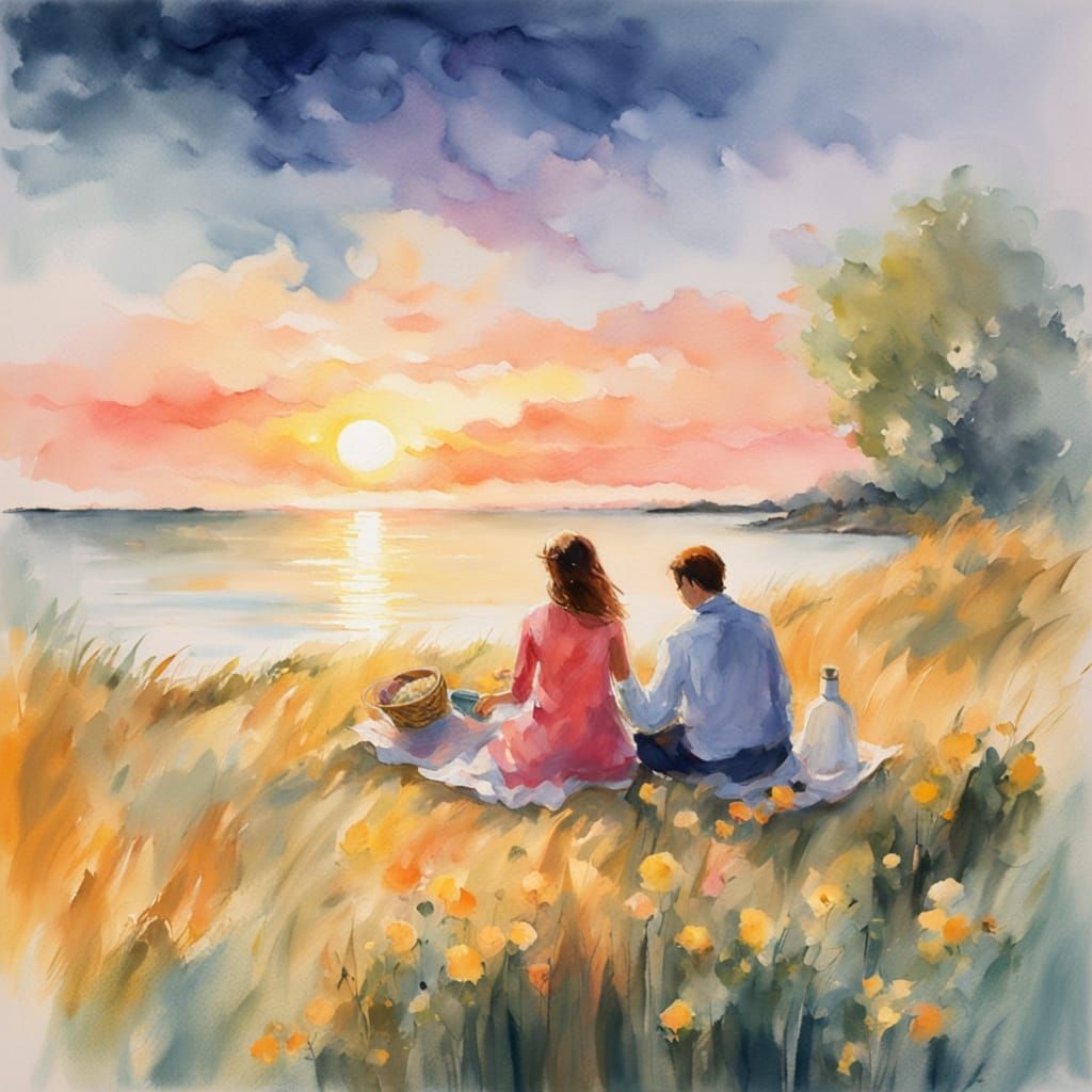 Romantic Seaside Picnic in Impressionist Watercolor