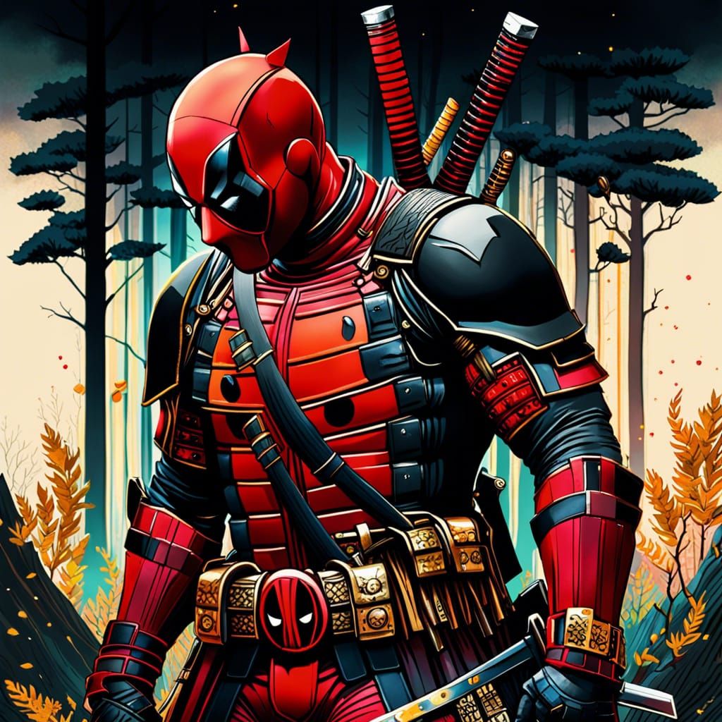 Deadpool as Samurai in Watercolor Style