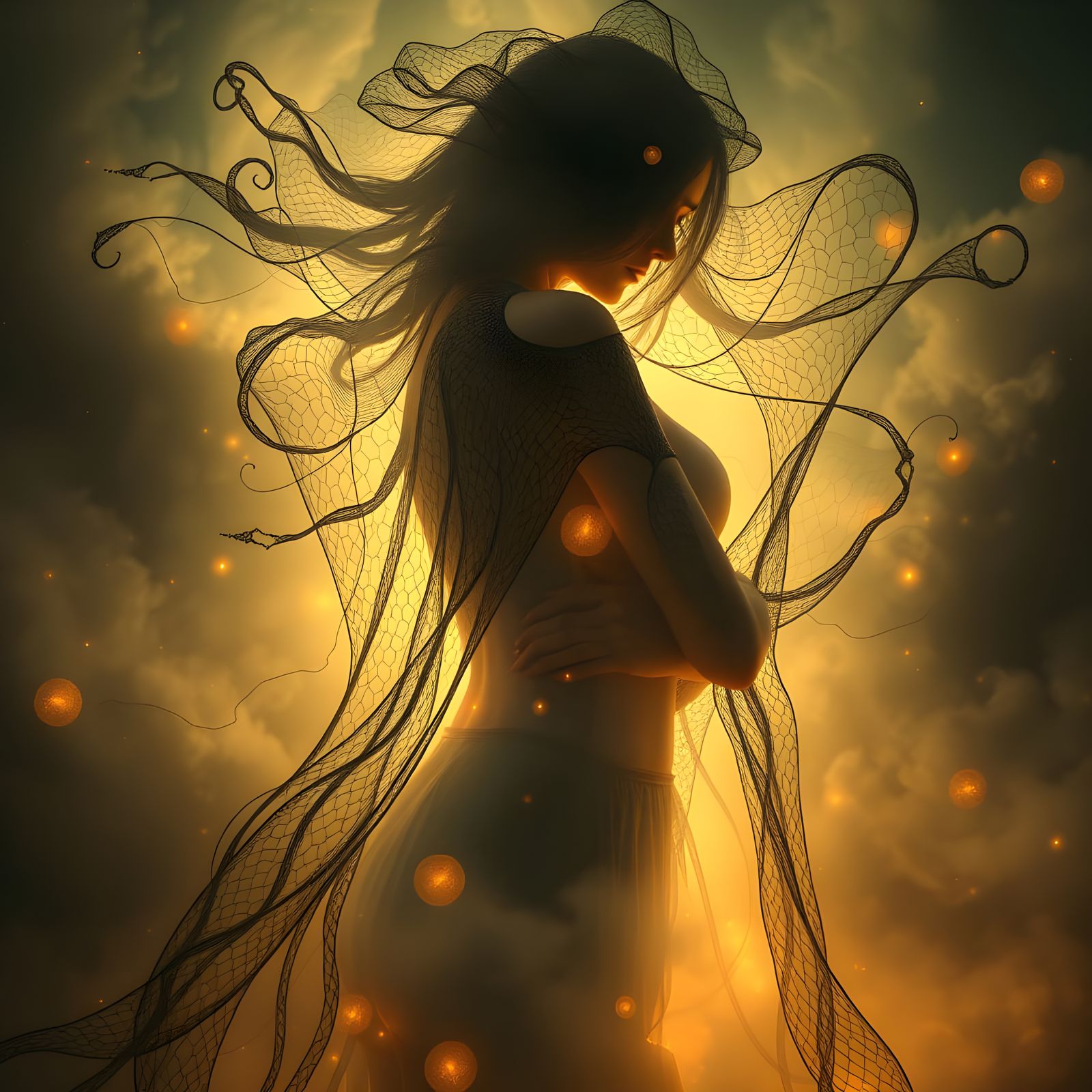 Ethereal Woman Enclosed in Latticework, Shrouded in Mystical...