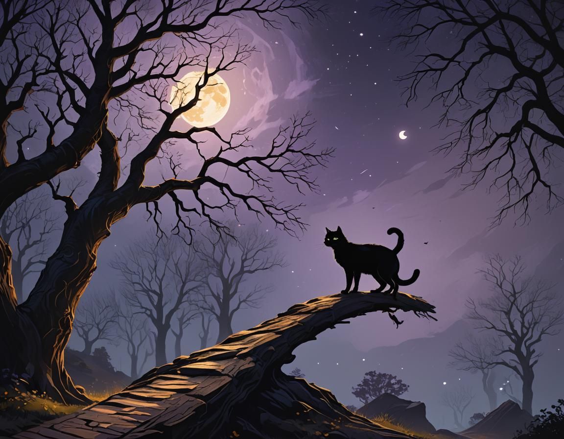 Mystical Black Cat Under Moonlight: Dark Fantasy Art
