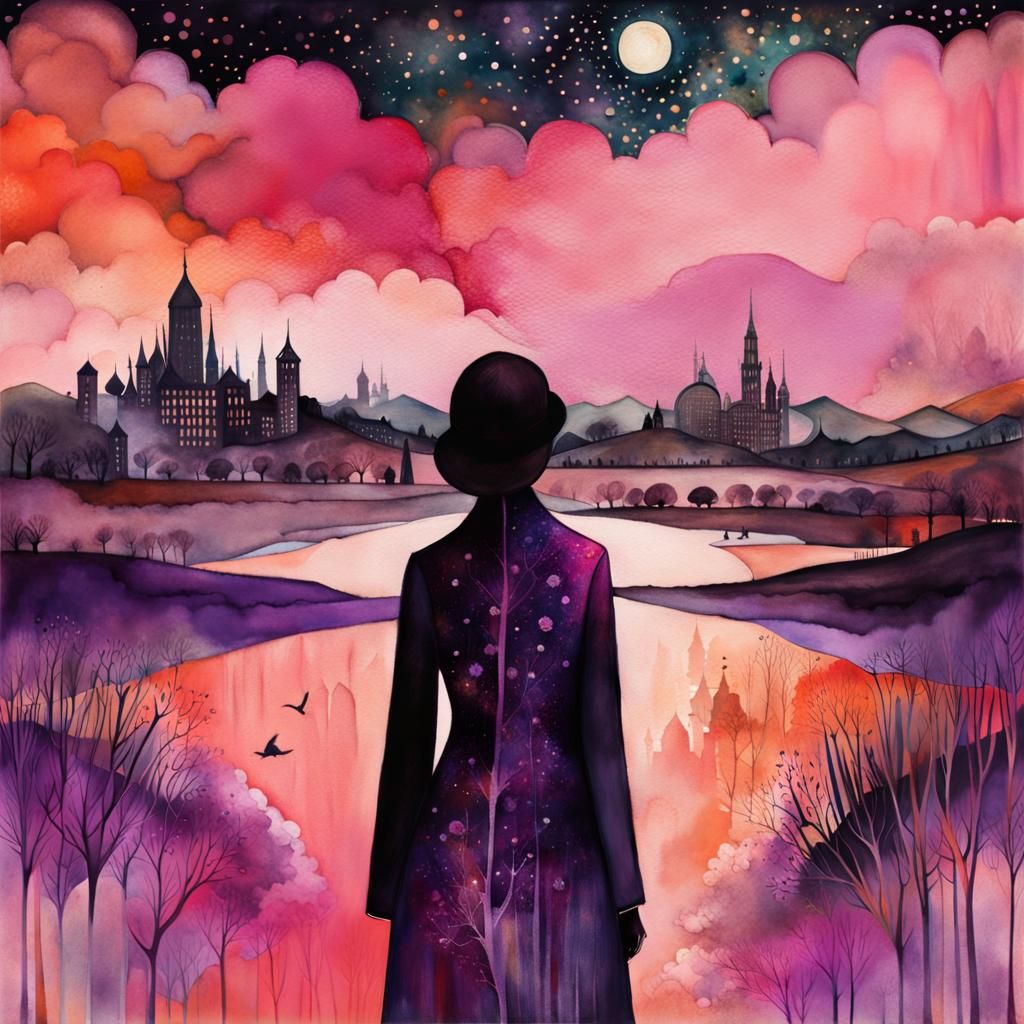 Woman Merging City and Landscape in Digital Watercolor