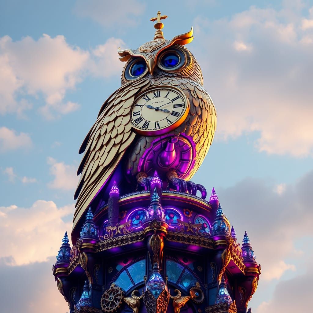 Clockwork Owl on Crystal Spire in Art Deco Style