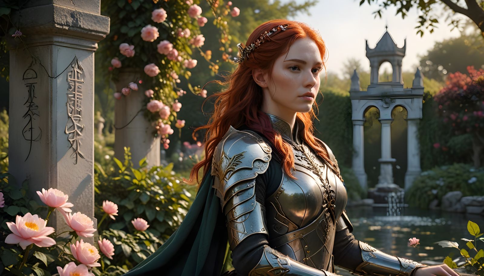 Elegant Warrior Goddess in Vibrant Garden Scene