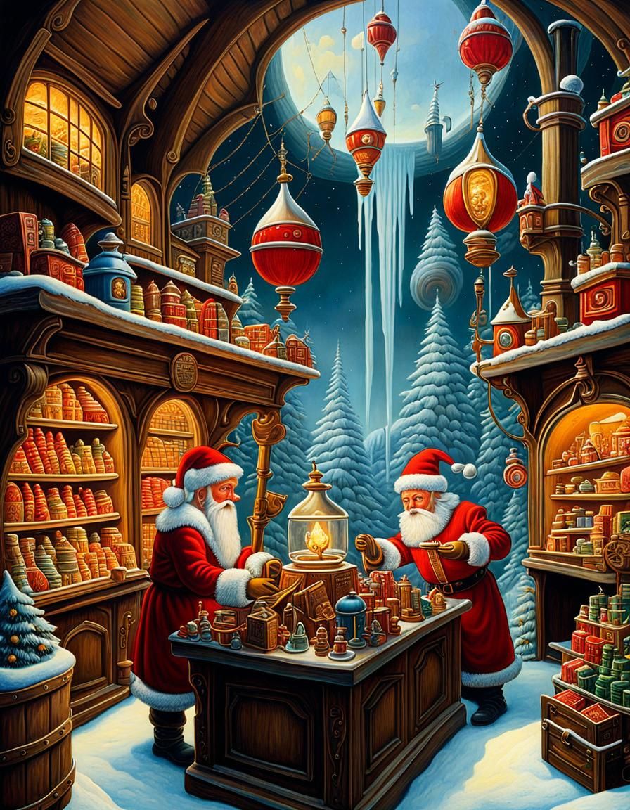 Elves working hard in the TOY SHOP at the NORTH POLE