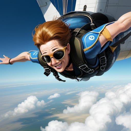 Joyful Old Lady Skydiving in Impressionist Style