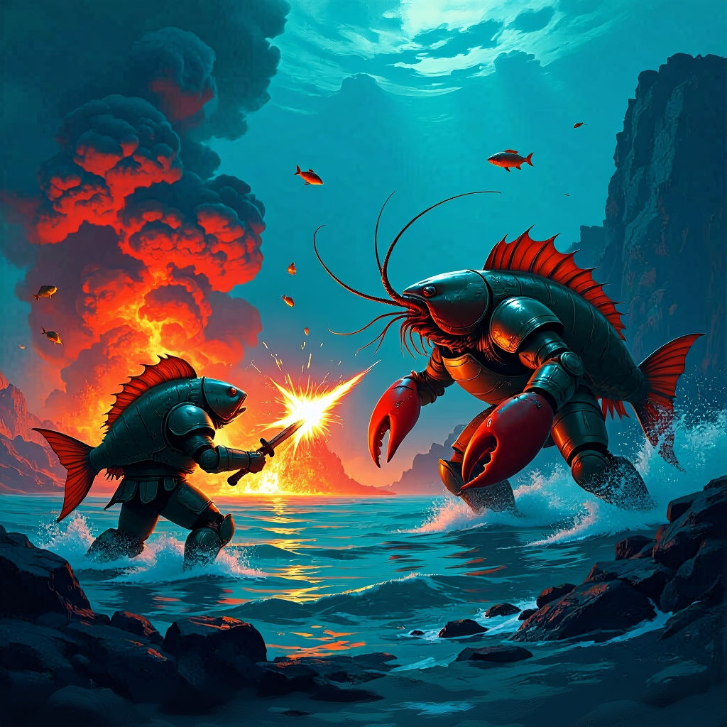 Underwater War: Fish vs Crustaceans in Hyperrealistic Style
