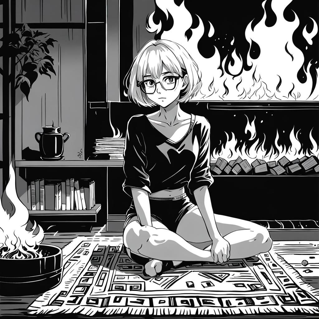 80s Anime Style Woman Watching Fireplace