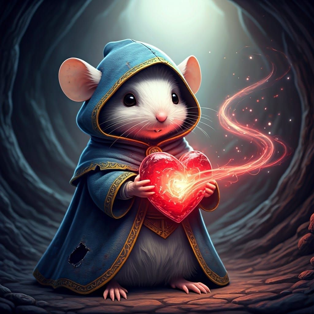 Enchanted Mouse Merchant Holds Glowing Heart