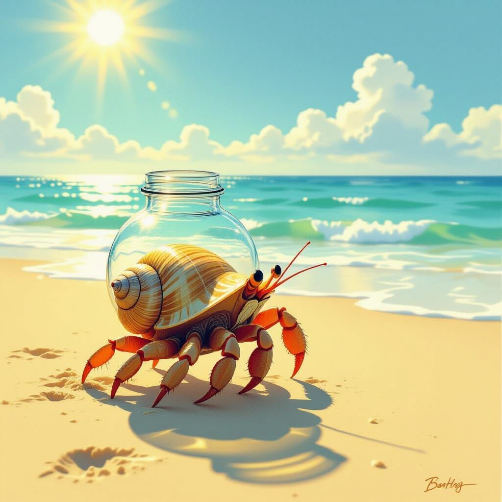 Hermit Crab With Glass Jar Shell on Beach
