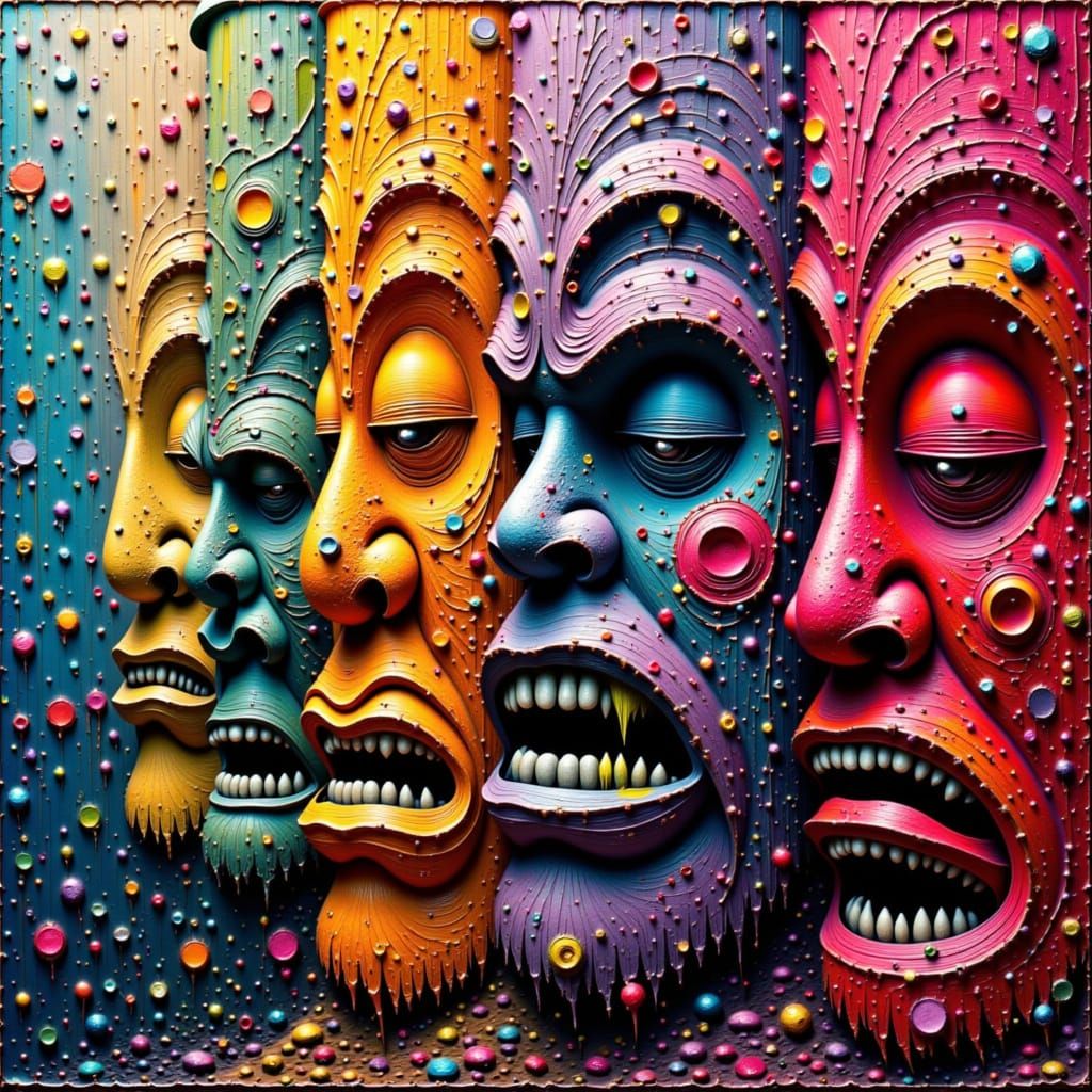 Tiki Figures Erupt in Abstract Expressionist Color Explosion