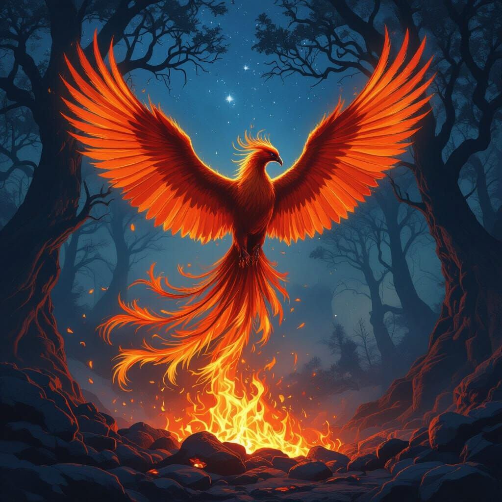 Phoenix Rising in a Mystical Twilight Forest