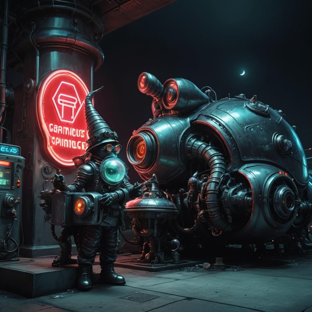 Gnomes Service Space Snail in Retro-Futuristic Surrealism