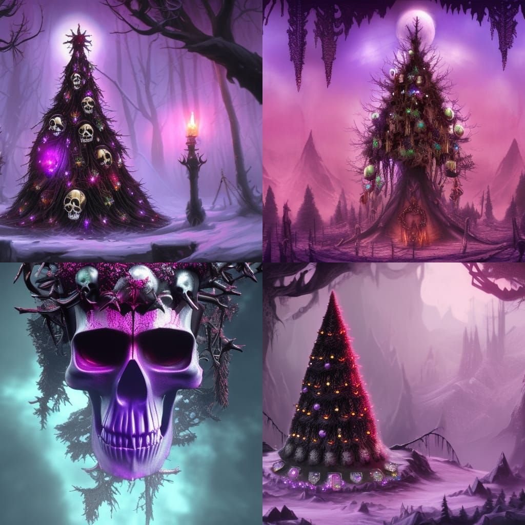 Skull Decorated Black Christmas Tree in Matte Painting Style