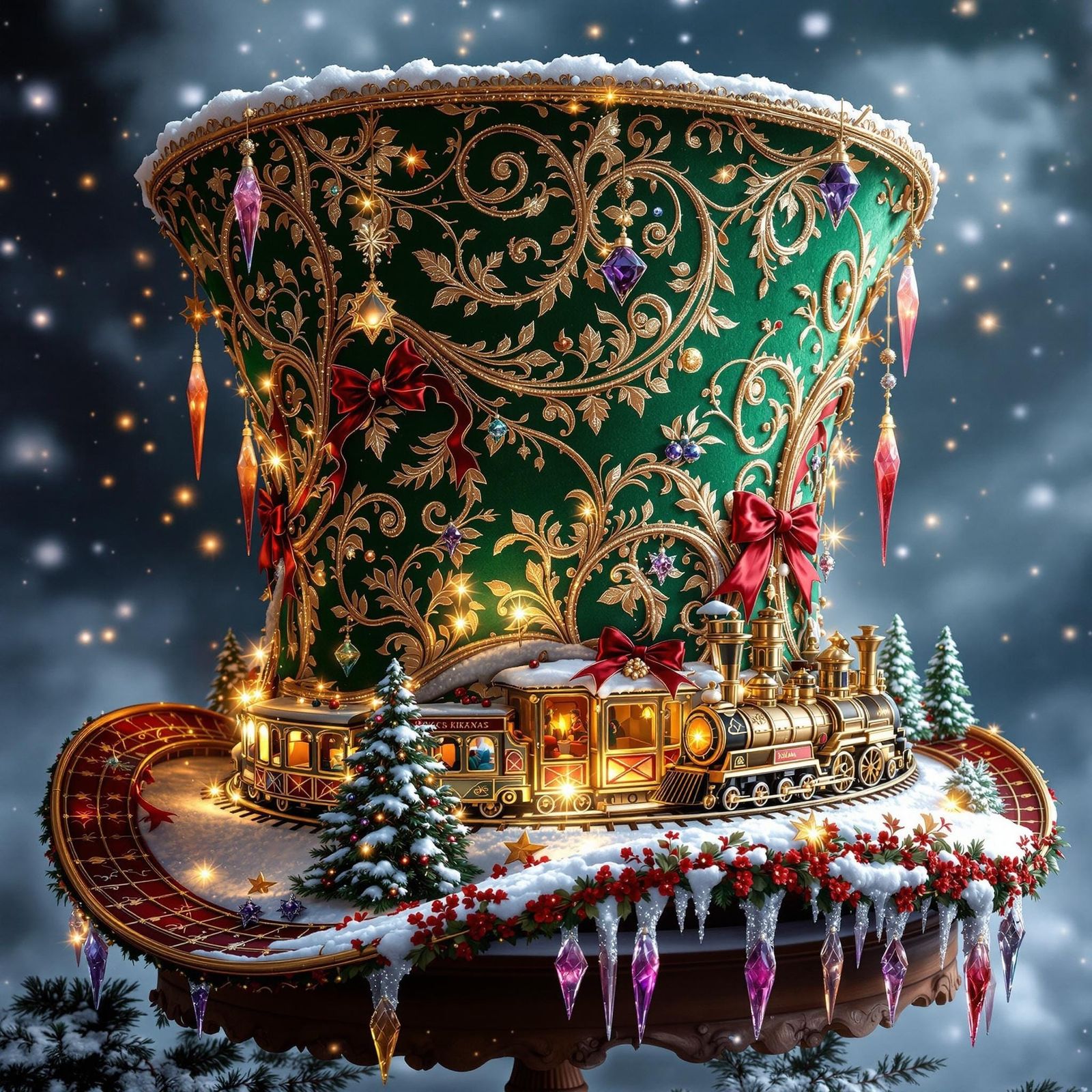 Ornate Christmas Top Hat with Miniature Train