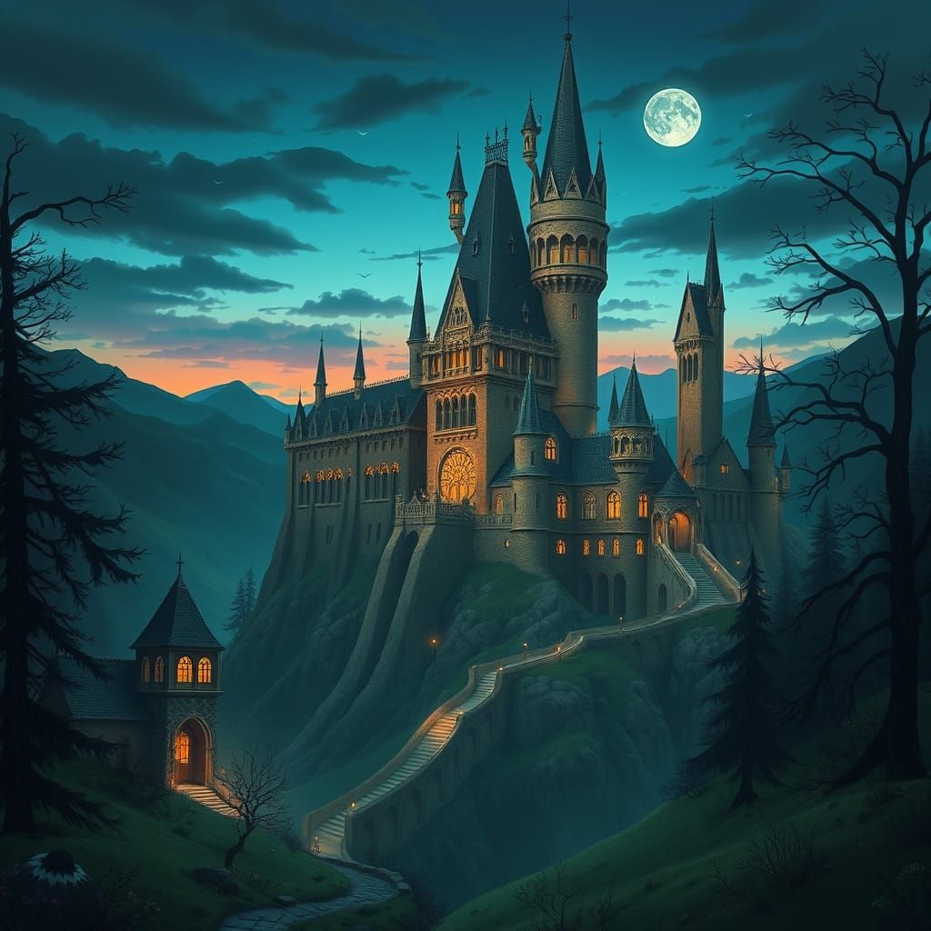 Enchanted Hogwarts Castle in Whimsical Gothic Style
