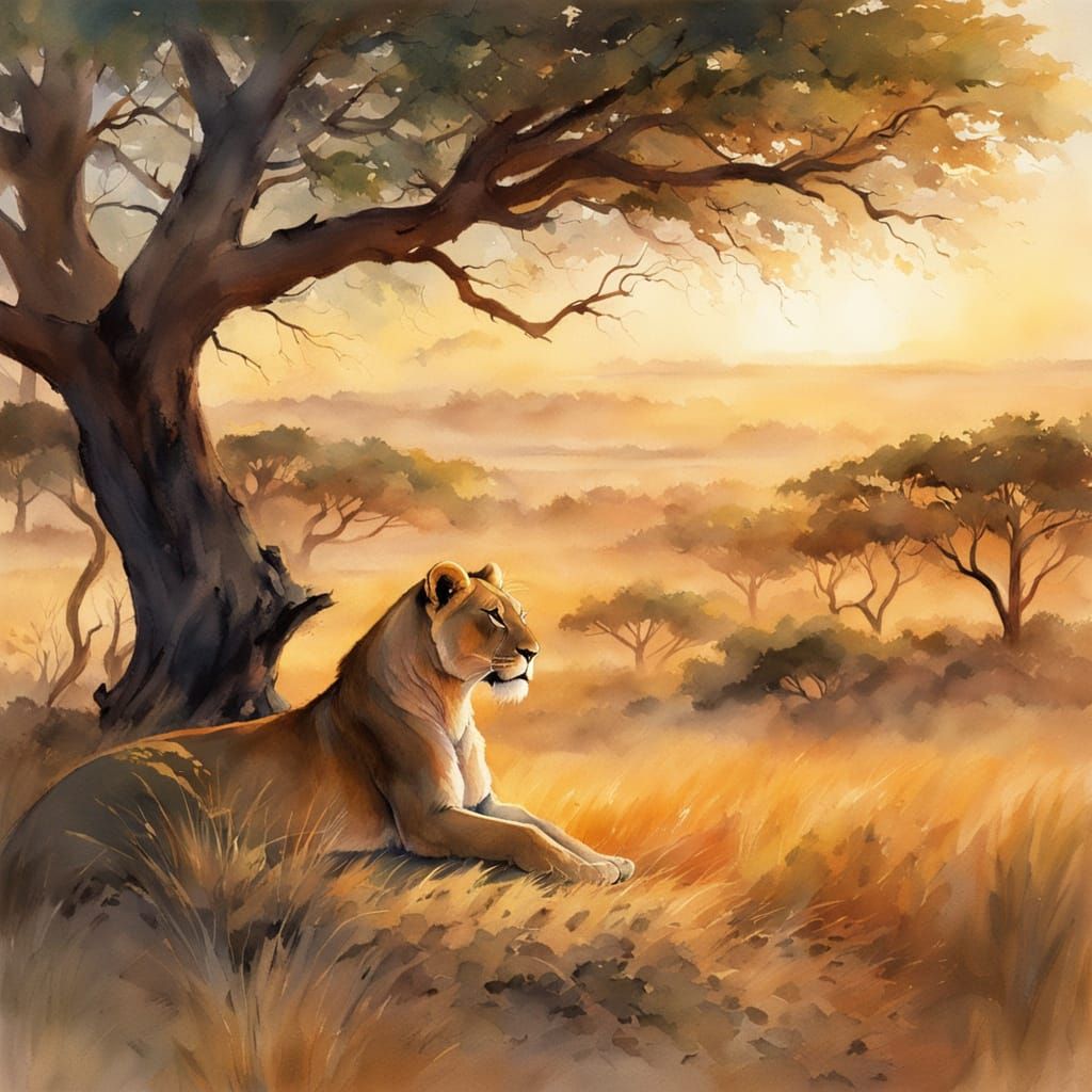 Golden Hour Serenity: A Lioness's Peaceful Retreat