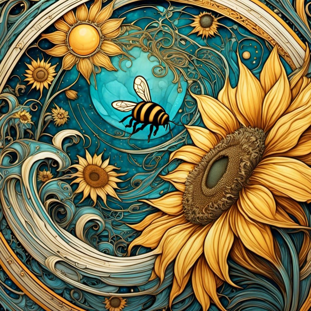 Honey Bee Pollinating Sunflower in Art Nouveau